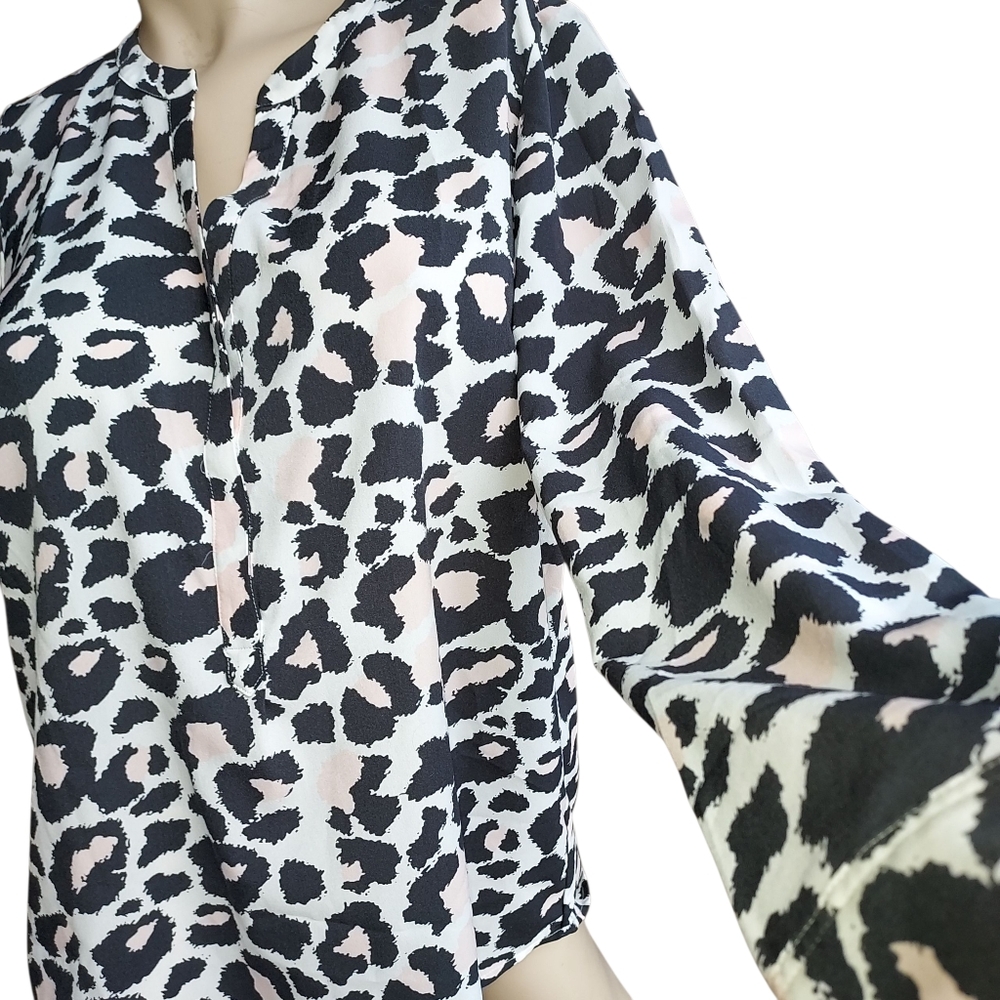 Talbots Women Ivory Long Sleeve Blouse Size L PINK AND black Animal Print Button - Picture 12 of 15